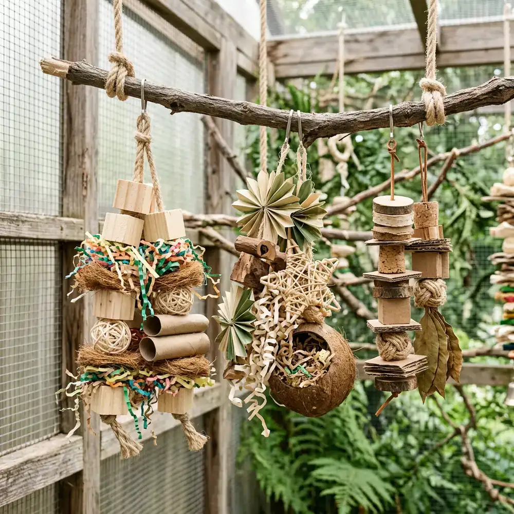 A collection of shreddable natural wood and paper toys hanging in an aviary