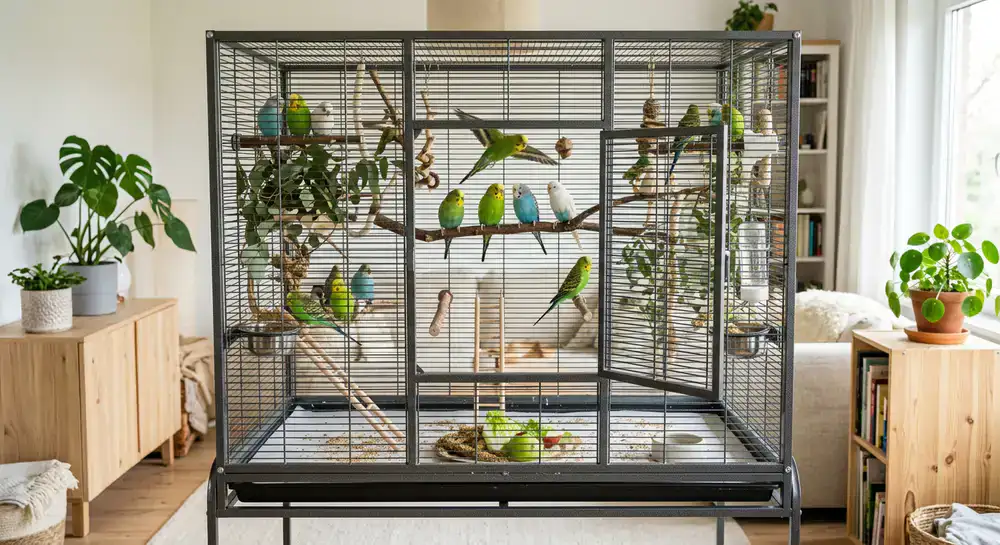 A large, powder-coated steel flight cage set up for a small flock of budgies
