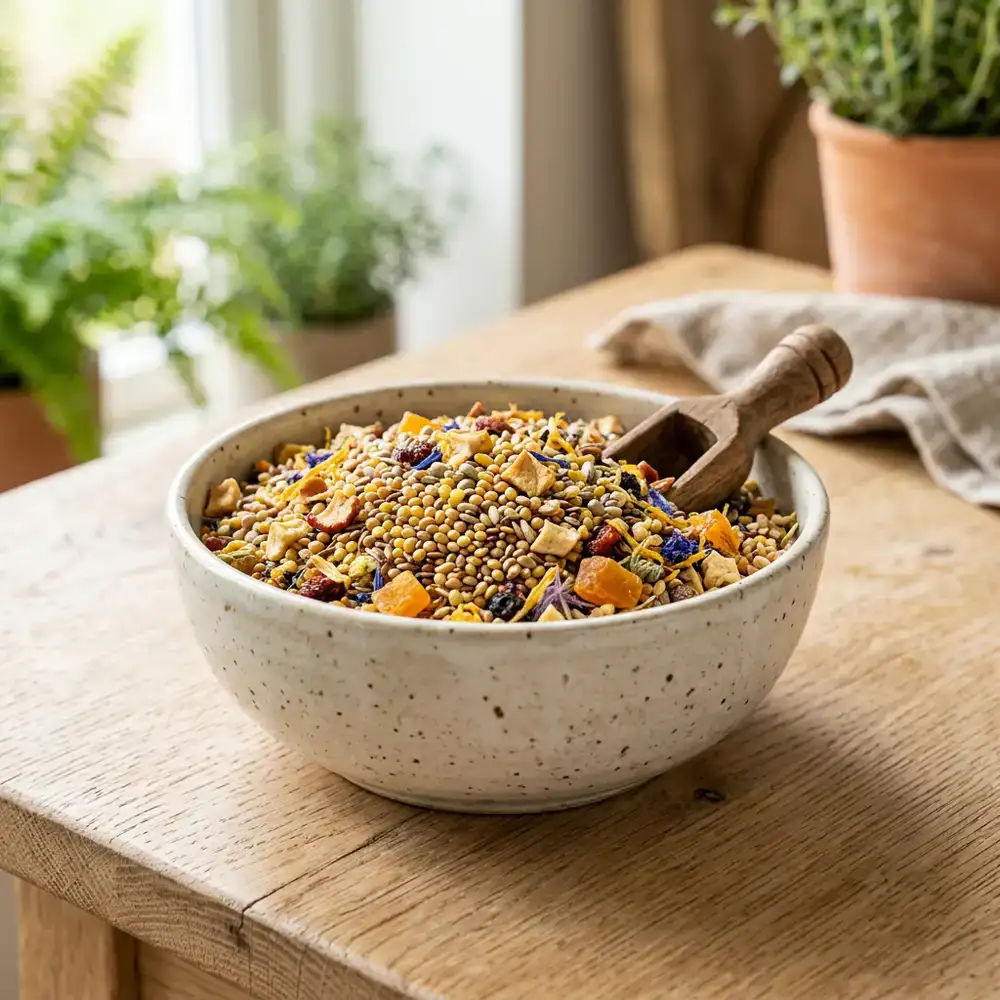 A beautifully arranged ceramic bowl of premium seeds and dried fruits for canaries