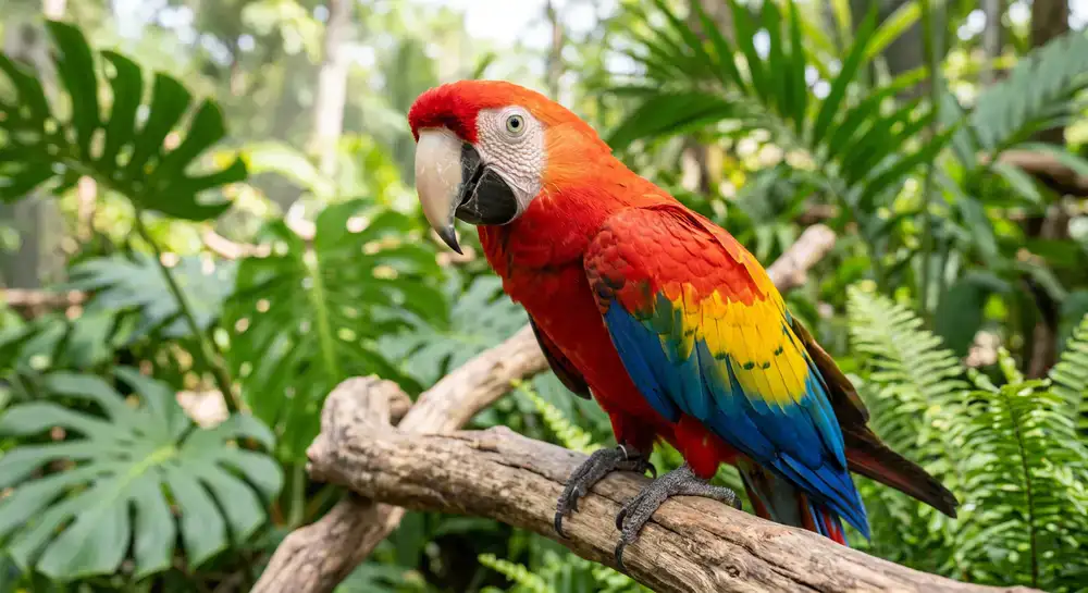 A colorful macaw parrot looking curiously at the camera, representing our commitment to healthy pet birds.