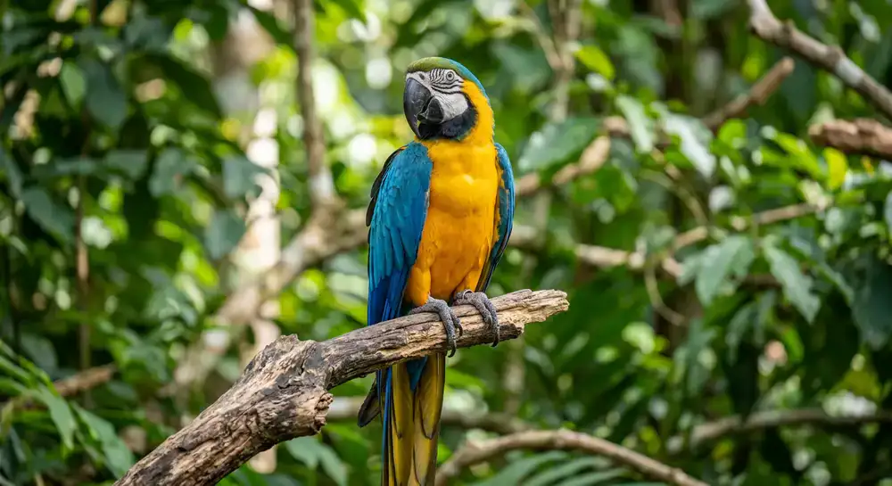 A healthy Blue and Gold Macaw perched confidently