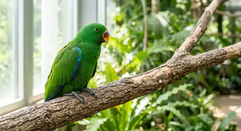 Healthy parrot sitting on a natural wood perch