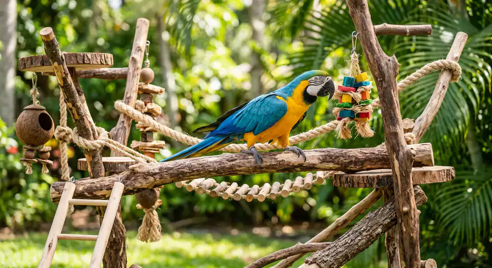 A colorful macaw parrot exploring a premium natural wood playground