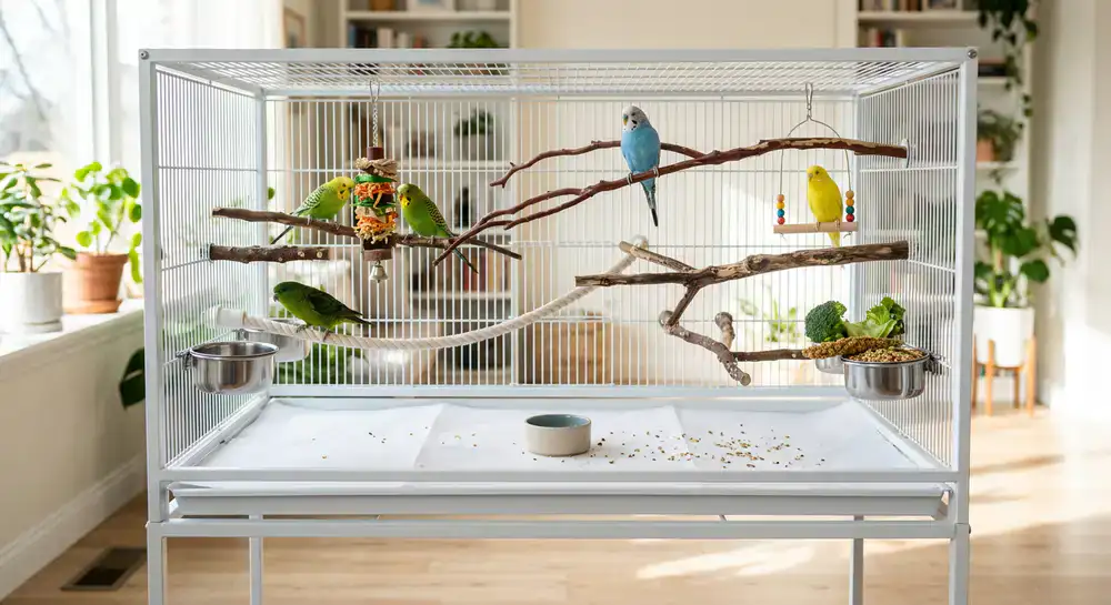 A wide, clean flight cage designed specifically for budgies and small parakeets