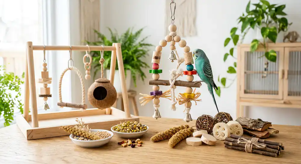 Safe natural wood toys and treats for budgies