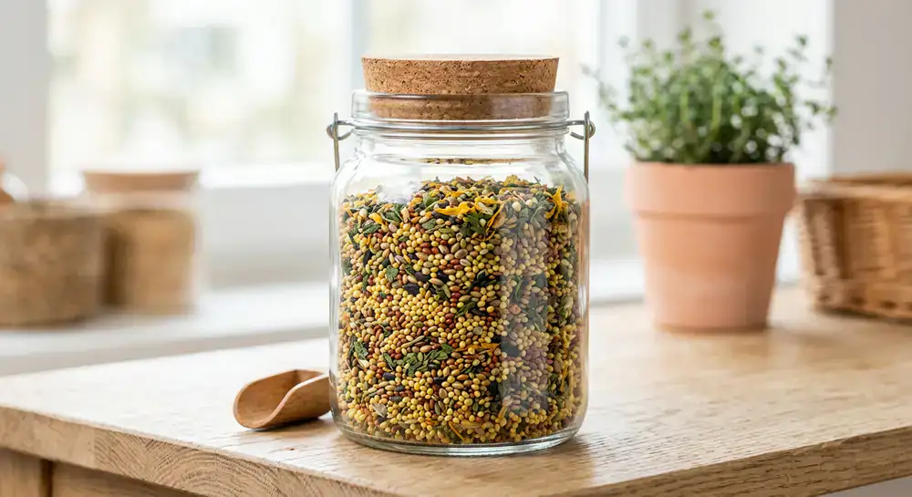 A clear jar displaying a vibrant mix of small seeds and herbs for canaries