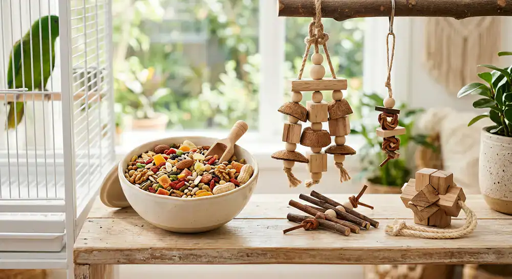 Premium parrot food blend and natural wood toys