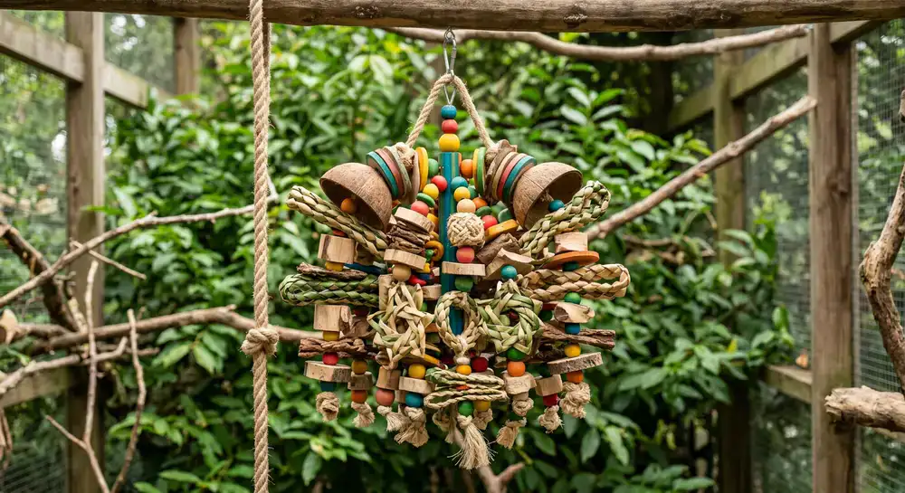 A large, colorful parrot toy made of coconut shells, natural wood, and woven palm leaves