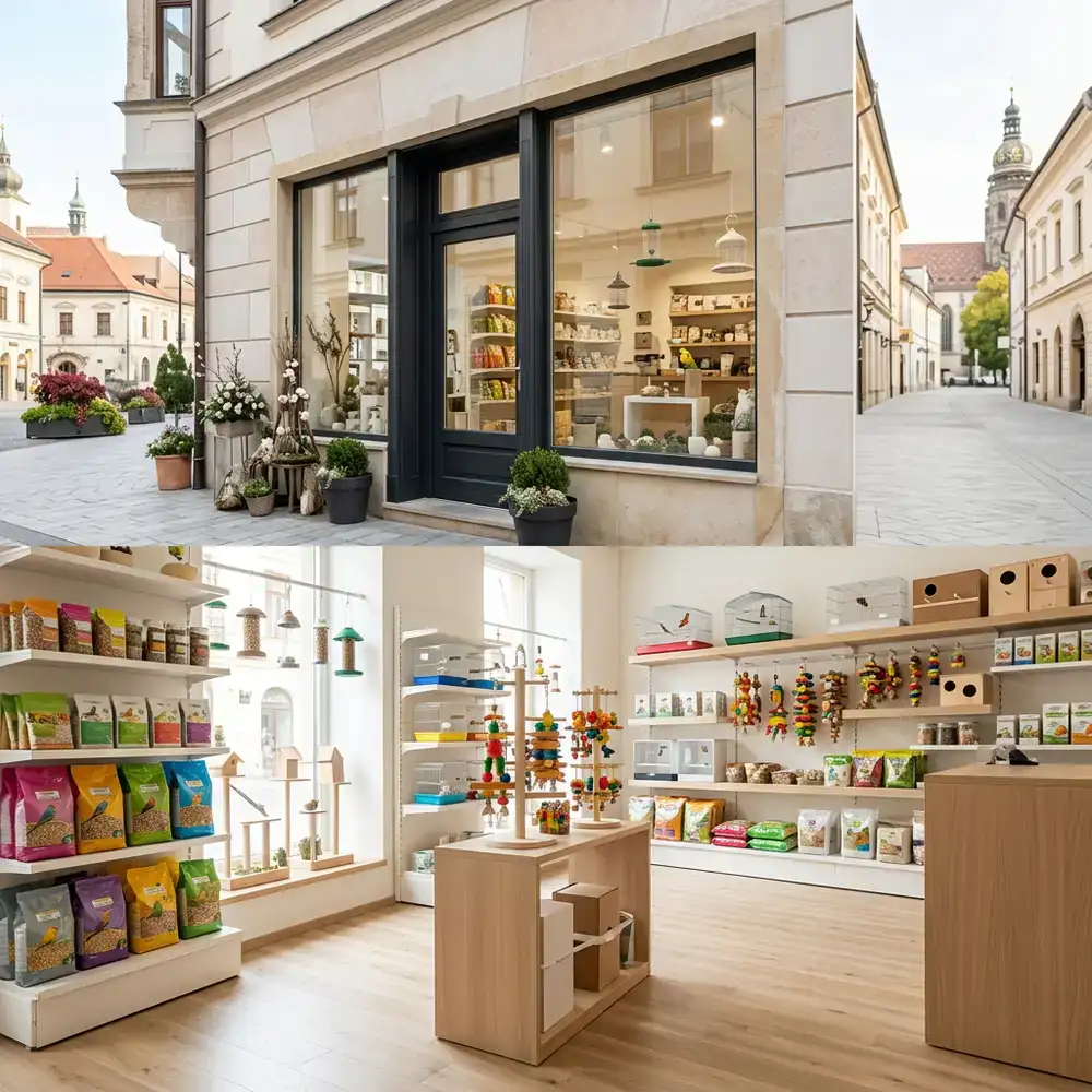 The exterior and interior displays of the RapidContent BirdCare store in Košice, Slovakia.