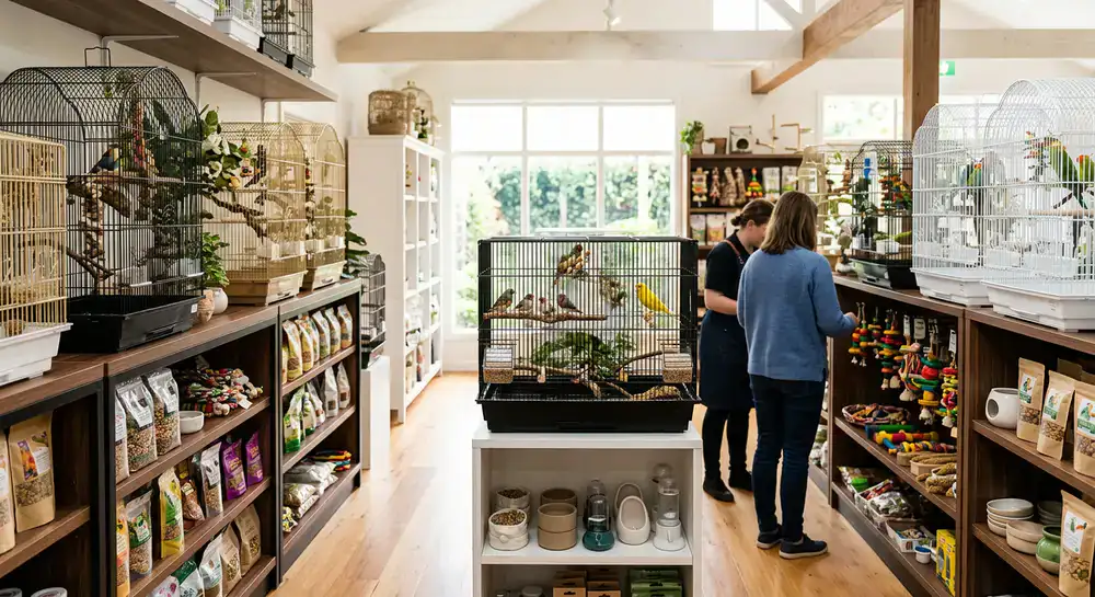 Interior array of premium bird cages and supplies